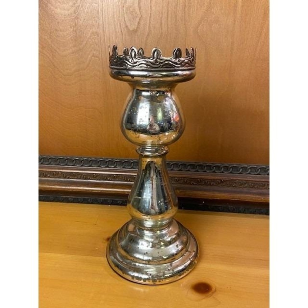 Mercury Glass Crown Pillar Candle Holder Silver Antiqued Pedestal 11.5 Inch NBC